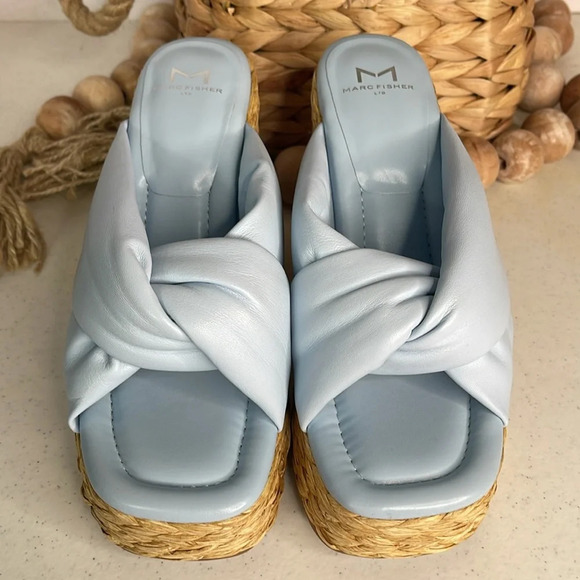 Marc Fisher Navina Espadrille Wedge Sandal Light Blue Leather Sz 8/Light Blue - Picture 4 of 9